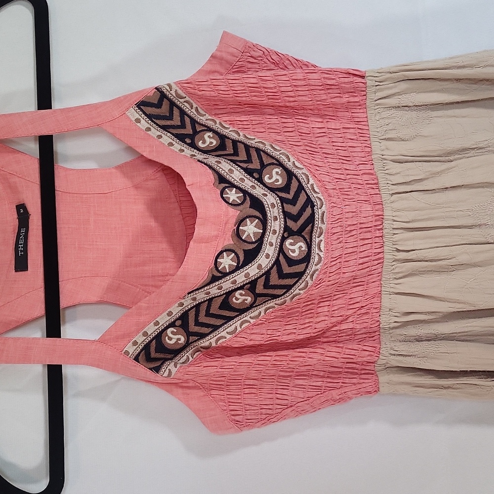 Theme Embroidered Dress Womens M Coral Sand Beach Nautical Coastal Smocked - Picture 9 of 10